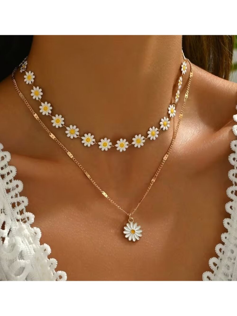 2 Daisy Chain Necklace Enamel Drip-Painted Rose Gold Retro Hippie Chic Bohemian